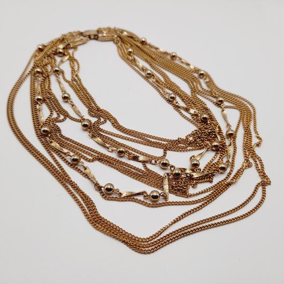 Japan Vintage 14-Strand Gold Tone Layered Necklace 15 Inch Retro - Picture 6 of 11